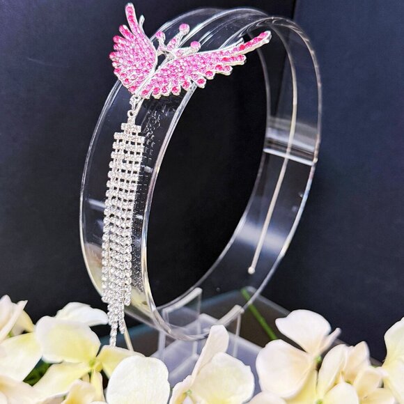 Princess Headband, Crown Wing Headpiece, Pink Crystal Headband, Silver Headband - Picture 1 of 8
